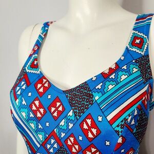 Vintage Bathing Suit, 60s/70s Swimsuit, MOD Print, Geometric, Red White and Blue